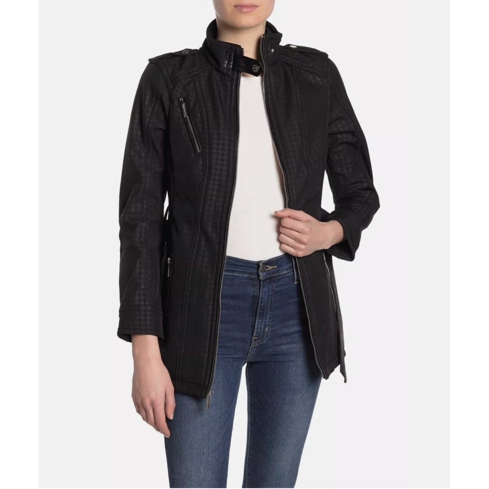 Michael Kors Houndstooth Moto Jacket Womens XS Black Softshell Funnel Neck